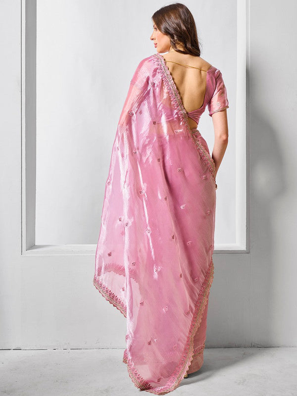 Striking Pink Color Burberry Fabric Designer Saree