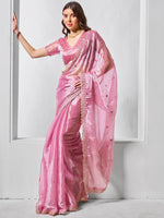 Striking Pink Color Burberry Fabric Designer Saree