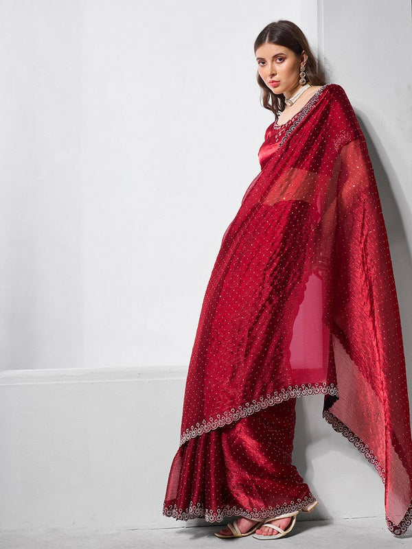 Striking Maroon Color Burberry Fabric Designer Saree