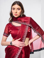 Striking Maroon Color Burberry Fabric Designer Saree