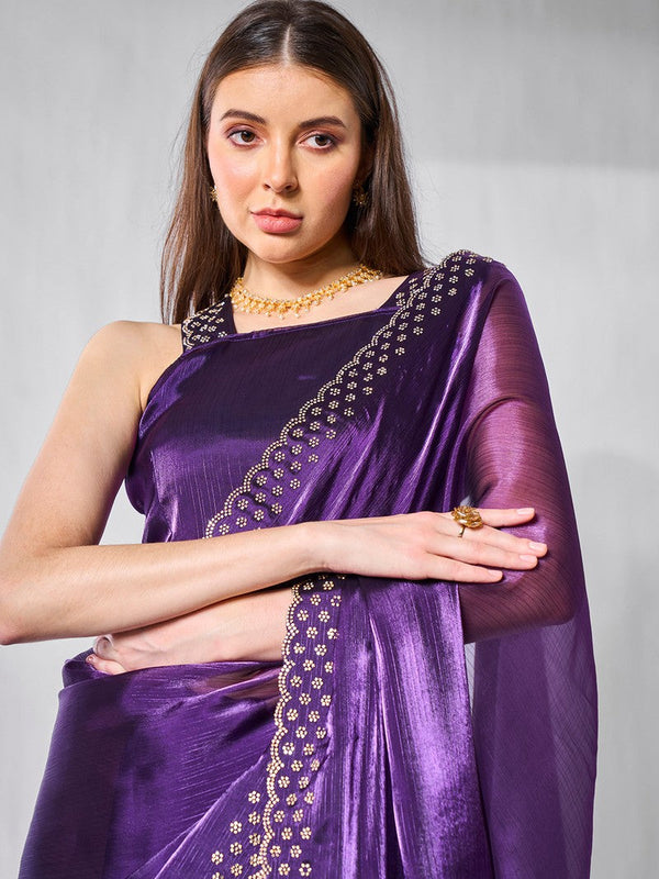 Striking Purple Color Burberry Fabric Designer Saree