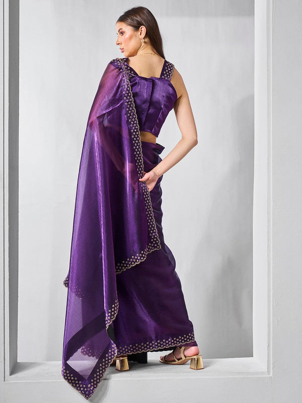 Striking Purple Color Burberry Fabric Designer Saree