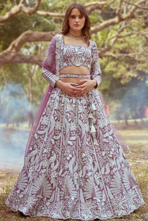 Desirable Purple Color Satin Fabric Party Wear Lehenga