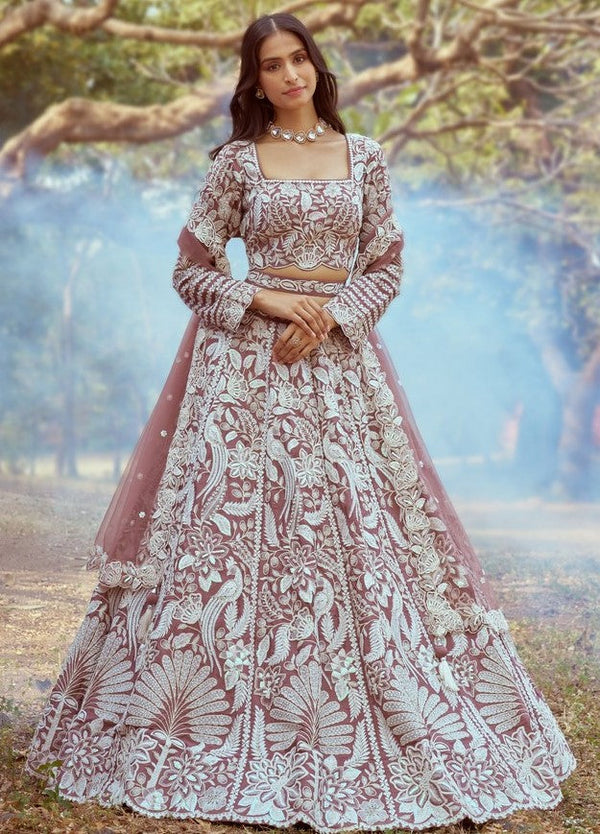 Desirable Wine Color Satin Fabric Party Wear Lehenga