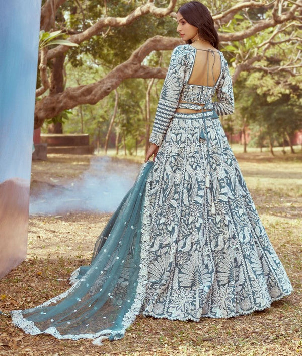 Desirable Aqua Color Satin Fabric Party Wear Lehenga