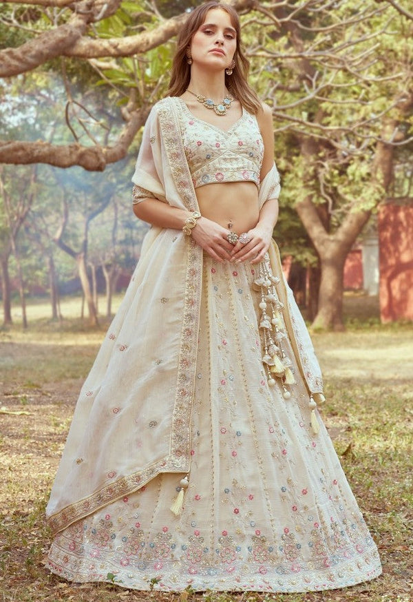 Desirable Cream Color Tissue Fabric Party Wear Lehenga