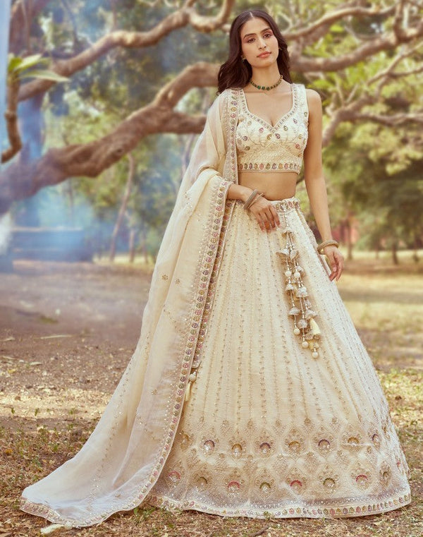 Desirable Cream Color Tissue Fabric Party Wear Lehenga