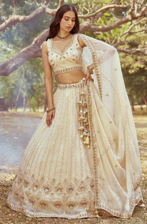 Desirable Cream Color Tissue Fabric Party Wear Lehenga