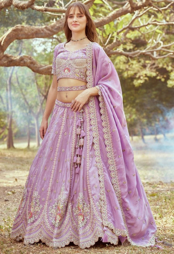 Desirable Purple Color Tissue Fabric Party Wear Lehenga