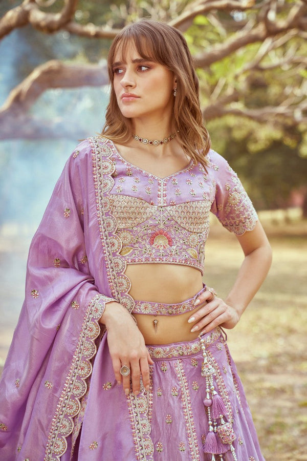 Desirable Purple Color Tissue Fabric Party Wear Lehenga