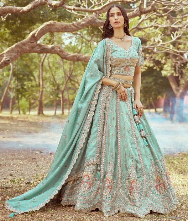 Desirable Green Color Tissue Fabric Party Wear Lehenga