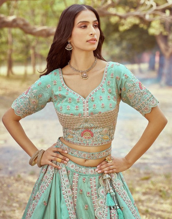 Desirable Green Color Tissue Fabric Party Wear Lehenga