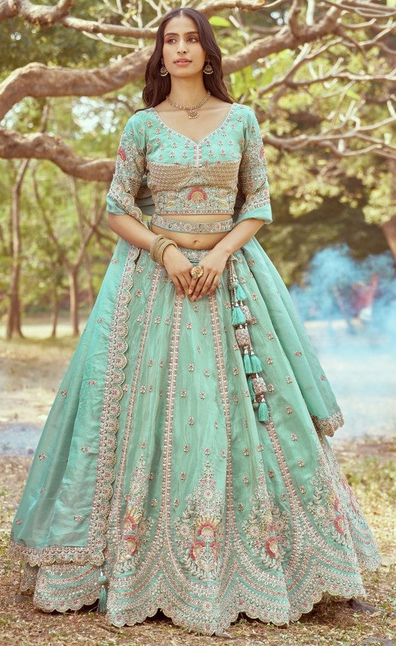 Desirable Green Color Tissue Fabric Party Wear Lehenga