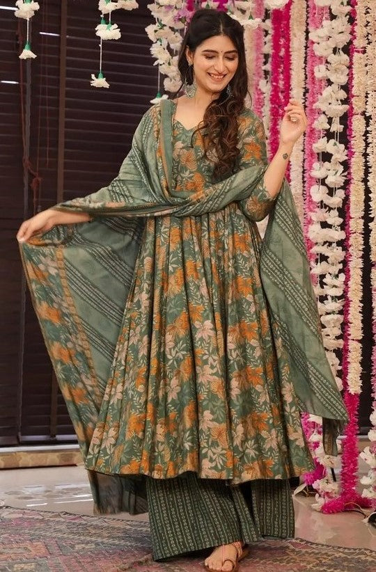 Divine Green Color Muslin Fabric Designer Suit