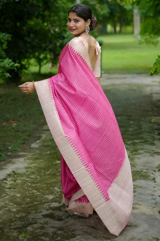 Grand Pink Color Tussar Fabric Casual Saree