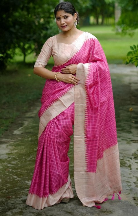 Grand Pink Color Tussar Fabric Casual Saree