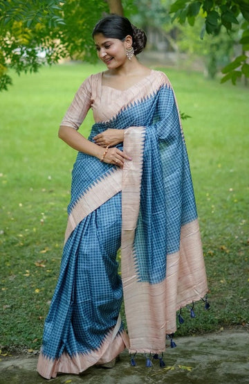 Grand Blue Color Tussar Fabric Casual Saree