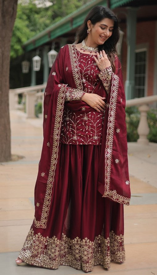 Divine Maroon Color Silk Fabric Designer Suits