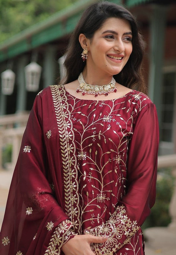 Divine Maroon Color Silk Fabric Designer Suits