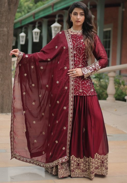 Divine Maroon Color Silk Fabric Designer Suits