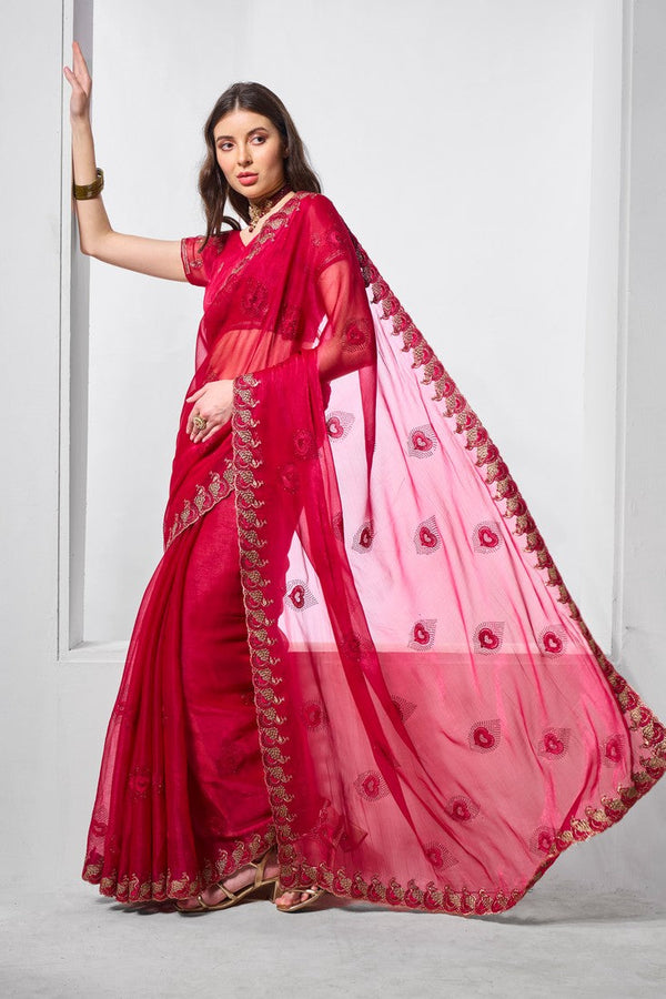 Dazzling Red Color Chiffon Fabric Designer Saree