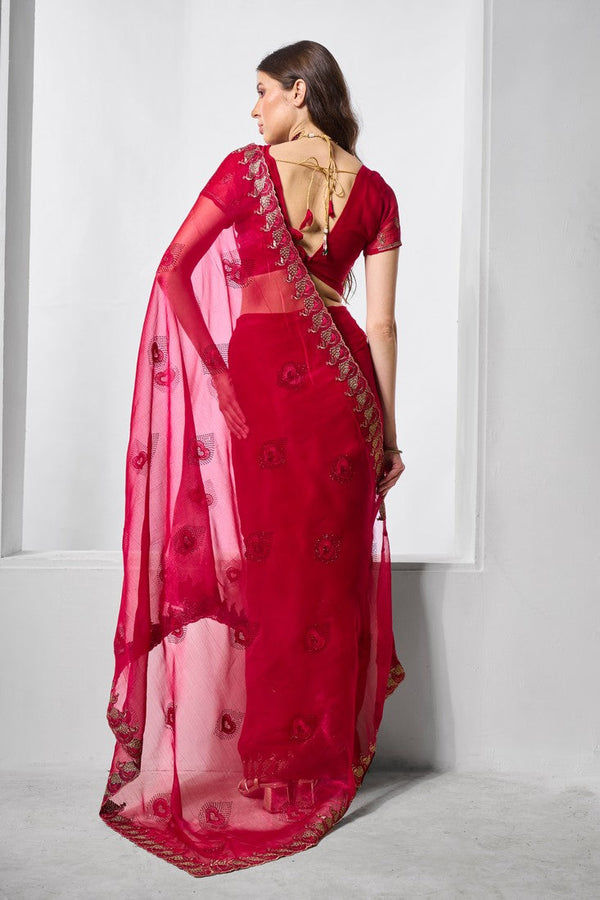 Dazzling Red Color Chiffon Fabric Designer Saree