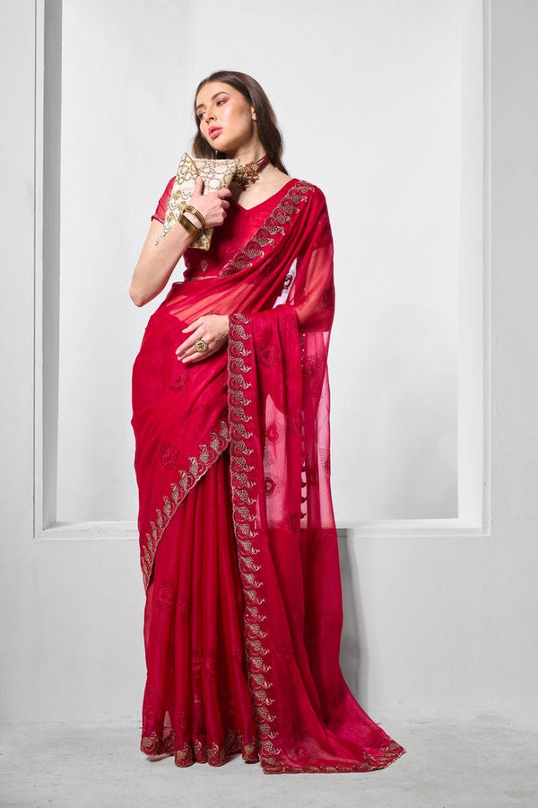 Dazzling Red Color Chiffon Fabric Designer Saree