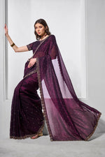 Dazzling Wine Color Chiffon Fabric Designer Saree