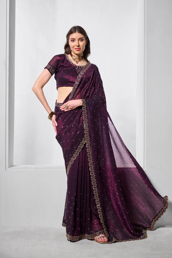 Dazzling Wine Color Chiffon Fabric Designer Saree