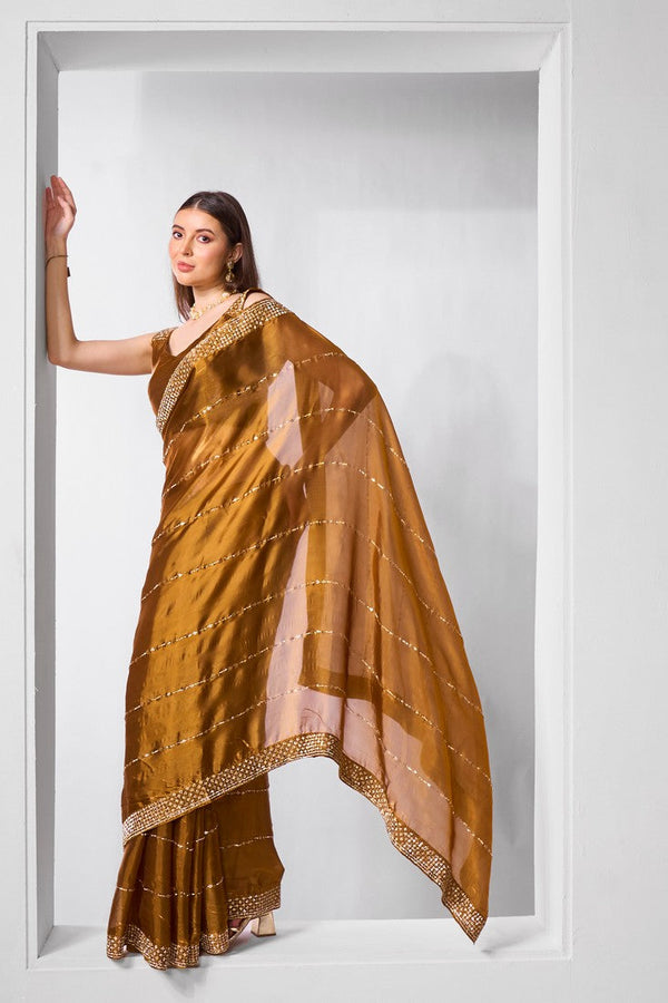 Dazzling Brown Color Jimmy Fabric Designer Saree