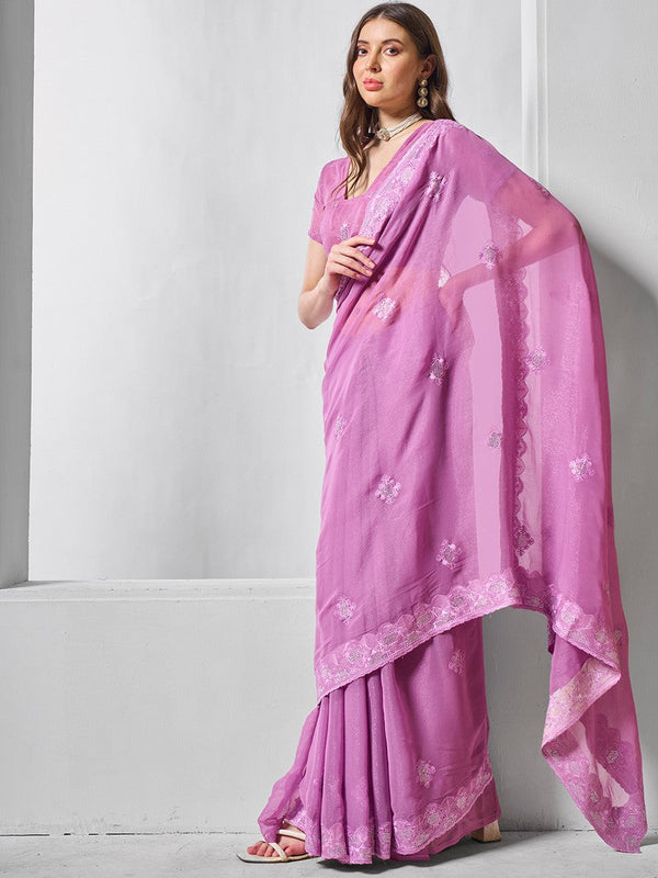 Dazzling Purple Color Chiffon Fabric Designer Saree