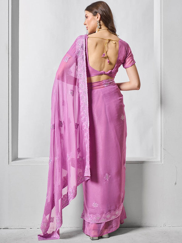 Dazzling Purple Color Chiffon Fabric Designer Saree