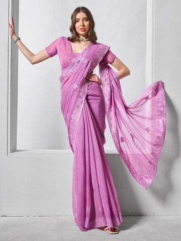 Dazzling Purple Color Chiffon Fabric Designer Saree