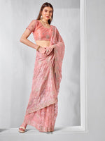 Dazzling Peach Color Net Fabric Designer Saree