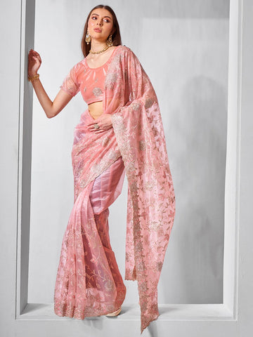 Dazzling Peach Color Net Fabric Designer Saree