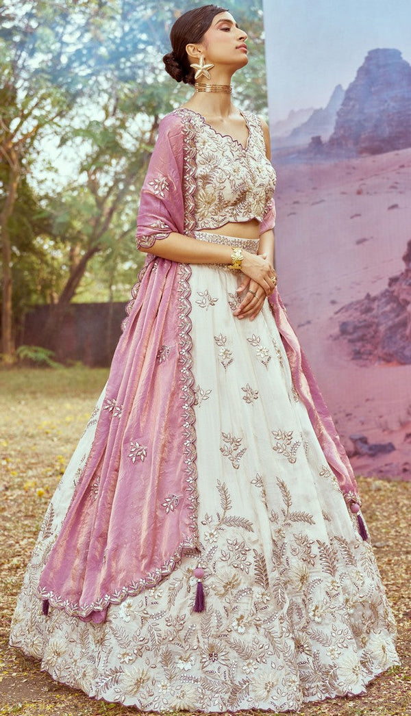 Elegant Cream Color Viscose Fabric Party Wear Lehenga