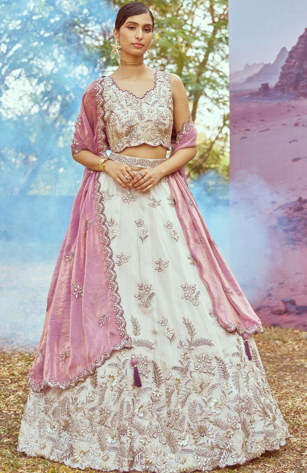 Elegant Cream Color Viscose Fabric Party Wear Lehenga