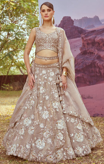 Elegant Beige Color Organza Fabric Party Wear Lehenga