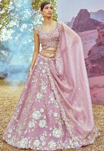 Elegant Purple Color Organza Fabric Party Wear Lehenga