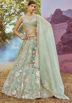 Elegant Green Color Organza Fabric Party Wear Lehenga