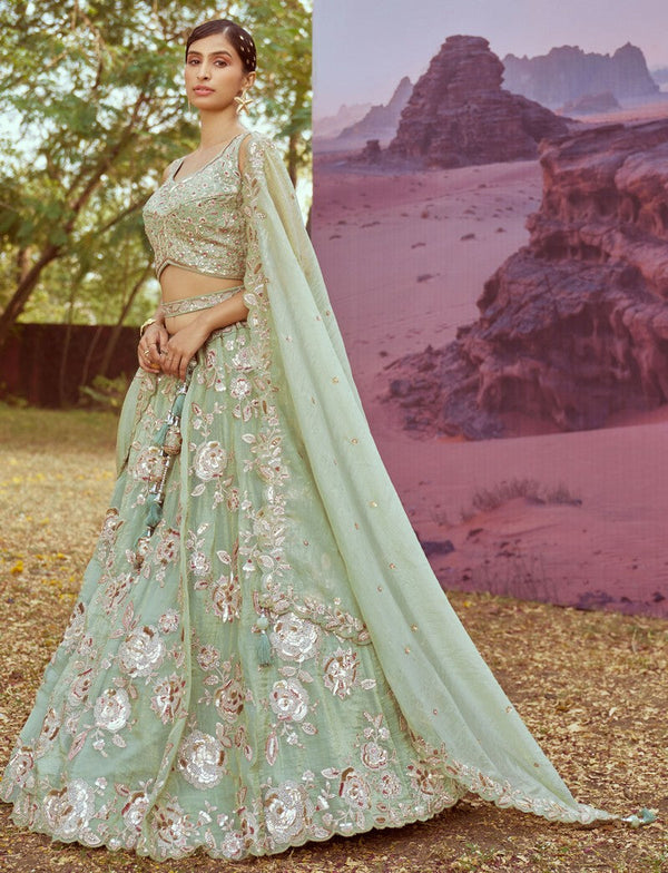 Elegant Green Color Organza Fabric Party Wear Lehenga