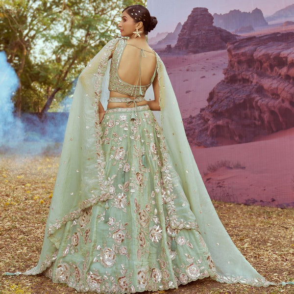 Elegant Green Color Organza Fabric Party Wear Lehenga