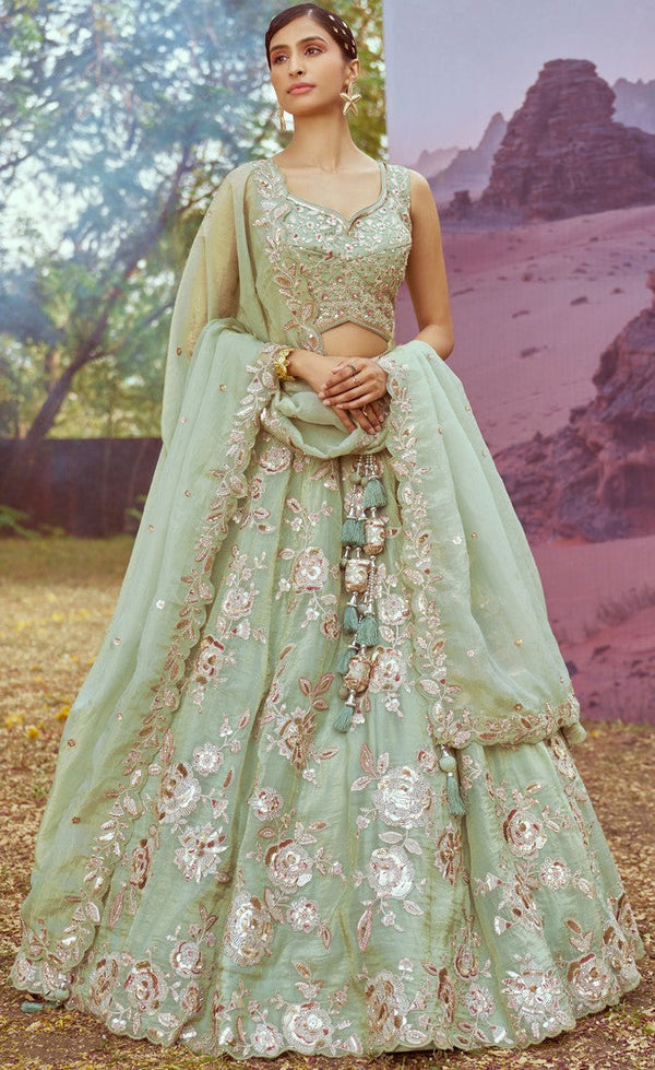 Elegant Green Color Organza Fabric Party Wear Lehenga