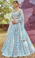 Elegant Aqua Color Organza Fabric Party Wear Lehenga