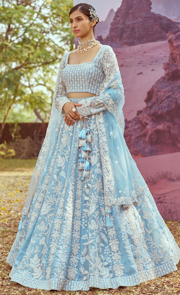 Elegant Aqua Color Organza Fabric Party Wear Lehenga