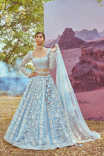 Elegant Aqua Color Organza Fabric Party Wear Lehenga