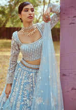 Elegant Aqua Color Organza Fabric Party Wear Lehenga