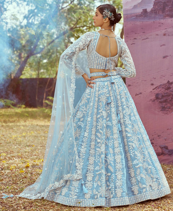 Elegant Aqua Color Organza Fabric Party Wear Lehenga