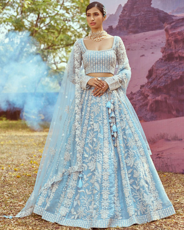 Elegant Aqua Color Organza Fabric Party Wear Lehenga