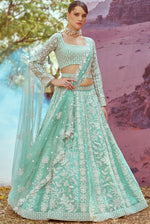 Elegant Green Color Organza Fabric Party Wear Lehenga